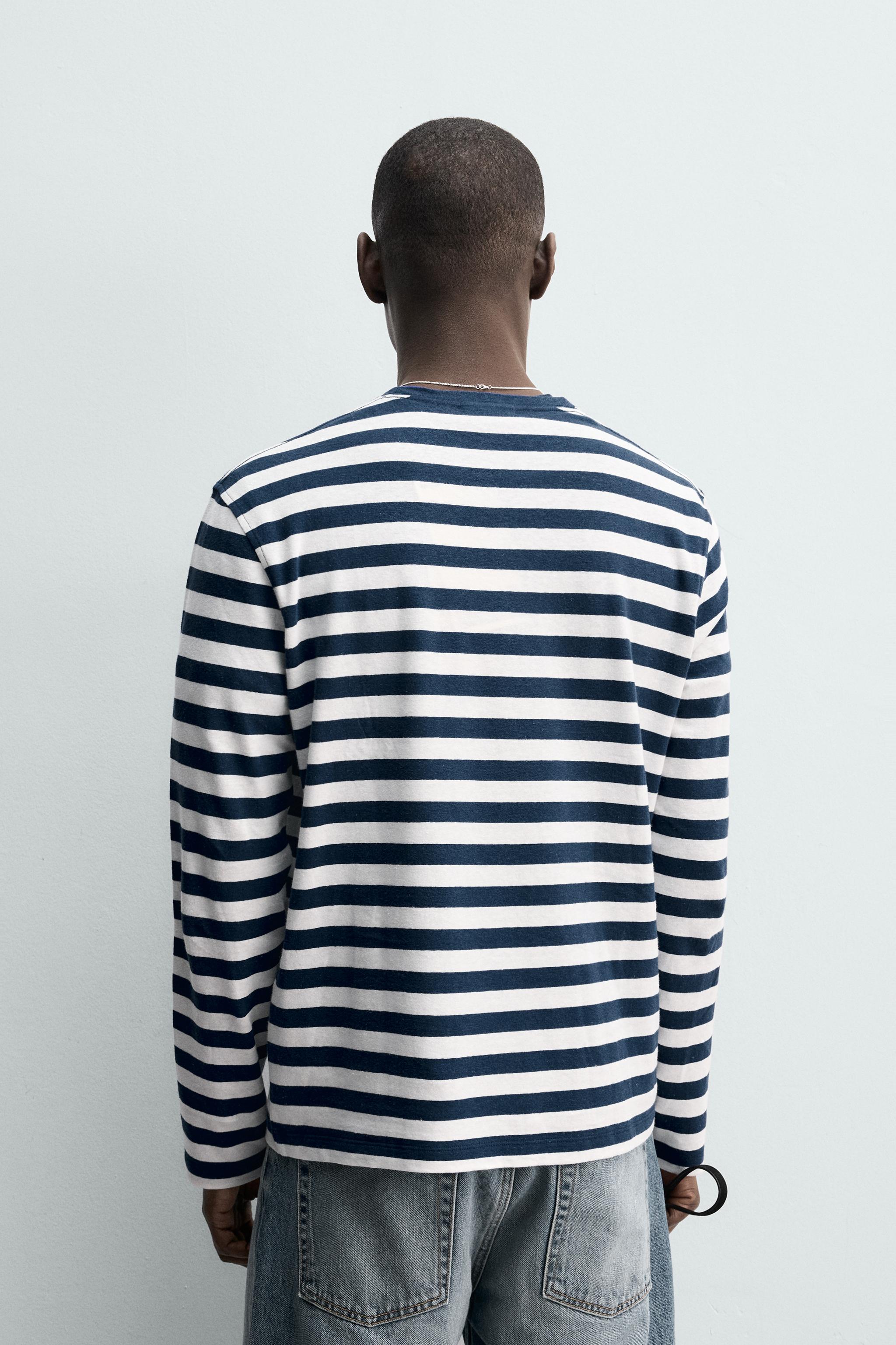 STRIPED LINEN COTTON BLEND LONG SLEEVE T-SHIRT